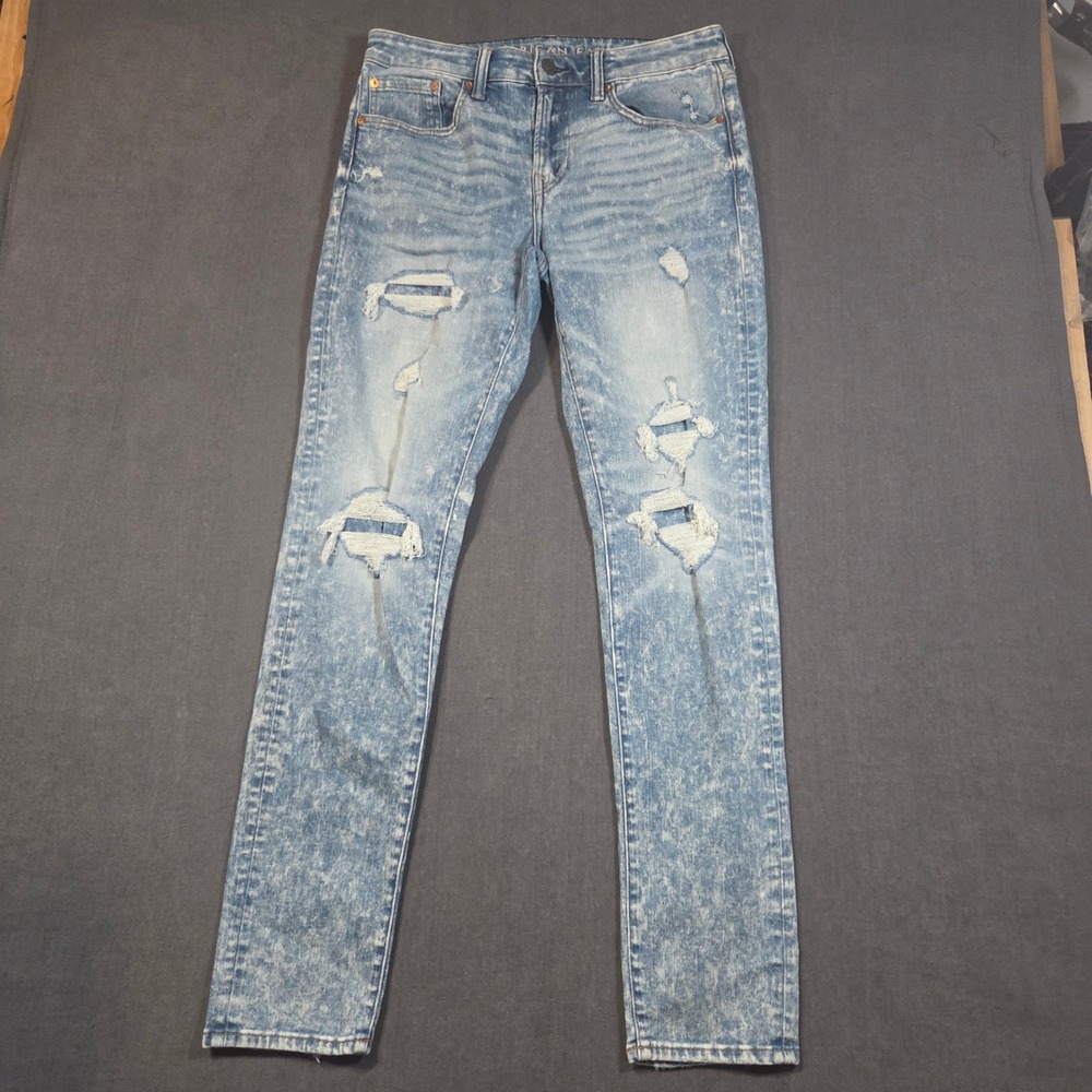 American Eagle Skinny Jeans Mens 32x34 Light Blue Distressed Airflex